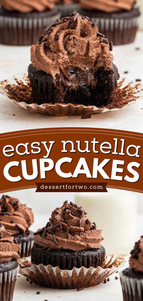 Want more simple sweet treats when small batch baking? Learn how to make Nutella Cupcakes! From the filling to the frosting, these triple chocolate cupcakes are full of Nutella goodness! Save this easy dessert recipe! Chocolate Nutella Cupcakes, Nutella Cupcakes Easy, Nutella Cupcakes Recipe, Simple Sweet Treats, Small Batch Cupcakes, Easy Chocolate Cupcake Recipe, Cream Filled Cupcakes, Batch Meals, How To Make Nutella