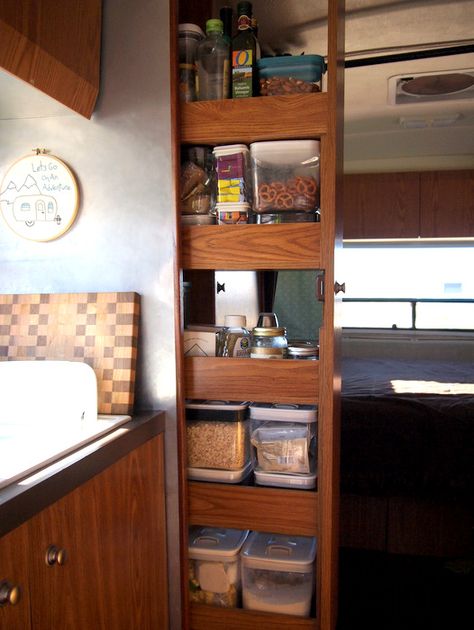 Food Pantry Airstream Kitchen, Kombi Motorhome, Cottage Kitchen Design, Camping Family, Airstream Remodel, Camper Trailer Remodel, Airstream Interior, Airstream Renovation, Caravan Renovation