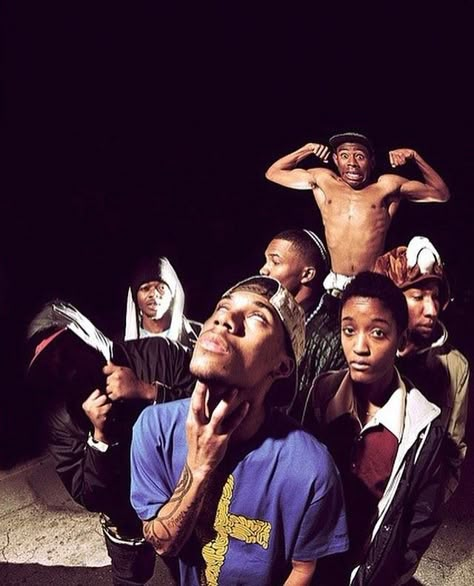 Odd Future, also known as Odd Future Wolf Gang Kill Them All (OFWGKTA), was a highly influential music collective formed in Los Angeles in 2007. Spearheaded by Tyler, the Creator, the group included artists like Frank Ocean, Earl Sweatshirt, Syd, Hodgy, and Domo Genesis, among others. Known for their raw, unapologetic style, Odd Future brought a DIY ethos and rebellious energy to the hip-hop scene, combining punk-inspired aesthetic with experimental sounds and boundary-pushing lyrics. At t... Odd Future Wallpapers, Catalogue Photoshoot, Tyler The Creator Odd Future, Loiter Squad, Community Photography, Odd Future Wolf Gang, Group Photoshoot, Music Museum, Hip Hop Classics