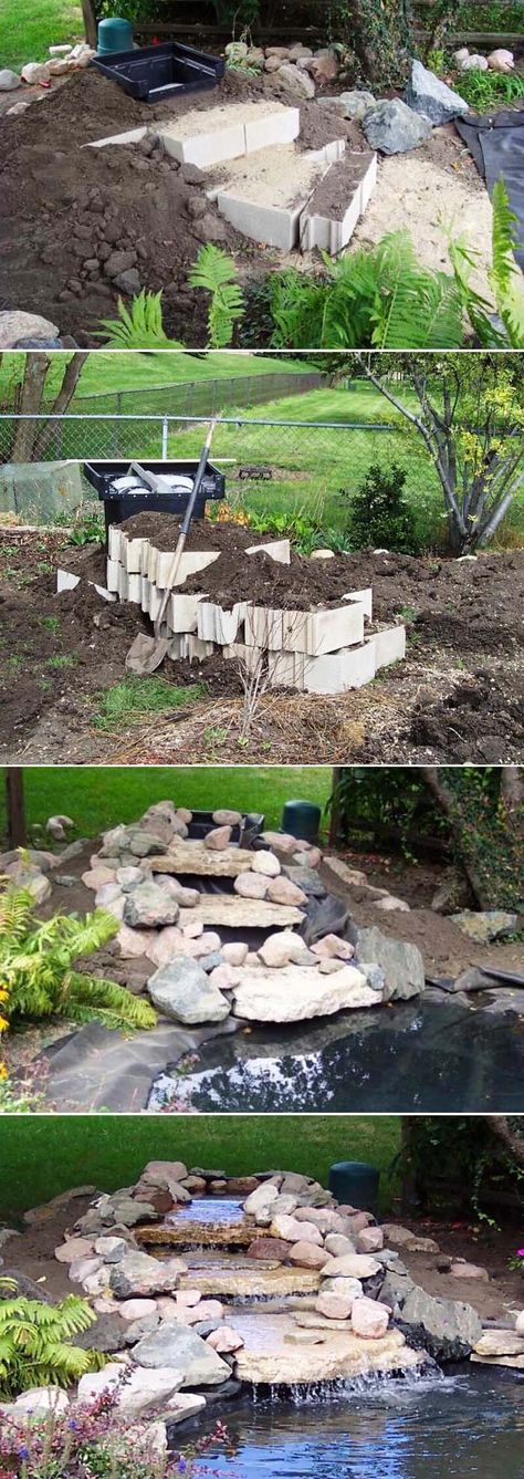 Ponds Backyard Waterfall, Diy Ponds Backyard, Fish Pond Gardens, Backyard Pond, Garden Pond Design, Diy Pond, Diy Garden Fountains, Garden Waterfall, Pond Ideas