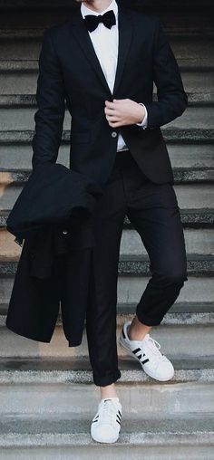 Tuxedo With Sneakers Mens Fashion, Tuxedo And Sneakers Men, Bow Tie Suits Men, Suit And Sneakers Men Outfits Wedding, Black Suit And Sneakers Men Outfits, Men Suit With Sneakers, Black Suit With Sneakers Men, Black Suit With Sneakers, Suits With Sneakers Mens