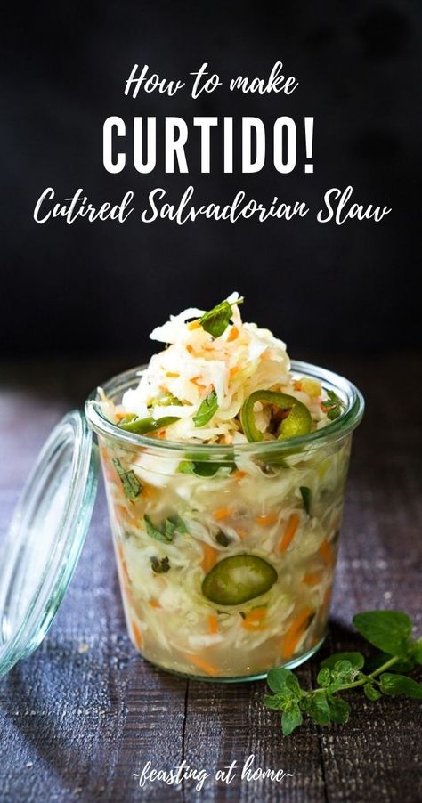 How to make Curtido - A cultured Salvadorian Slaw with cabbage, carrots, onion and oregano. Simple to make, full of healthy probiotics! Use on Tacos, Pupusas, quesadillas or enchiladas as a delicious healthy condiment! #Curtido #fermented #slaw #cultured #kraut  via @feastingathome Curtido Recipe, Gf Sides, Feasting At Home, Kitchen Staples, Healthy Probiotics, Fermented Cabbage, Fermentation Recipes, Vegan Raw, Fermented Vegetables