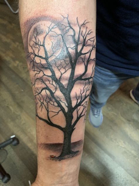 Poison Tree Sleeve Tattoo, Men’s Tree Forearm Tattoo, Haunted Tree Tattoo, Tree And Moon Tattoo, Tree Tattoo Bicep, Poison Tree Tattoo Forearm, Spooky Tree Tattoo Designs, Scary Tree Tattoo, Tree Of Life Tattoo Design