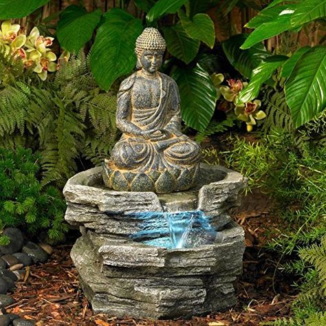 Amazon.com : Sitting Buddha LED Water Fountain : Outdoor Statues : Patio, Lawn & Garden Zen Water Fountain, Buddha Garden Ideas, Buddha Statue Garden, Outdoor Waterfall Fountain, Outdoor Waterfalls, Buddha Garden, Indoor Water Fountains, Meditation Decor, Meditation Garden