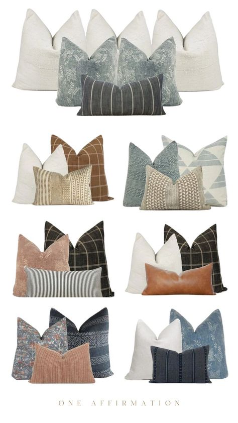 Pillow Combo Winter Pillow Combinations, Scatter Cushions Ideas, Twin Bed Sofa, Modern Farmhouse Pillow, Cushion Combinations, Throw Pillow Combinations, Pillow Combinations, Staging Decor, Pillow Combo