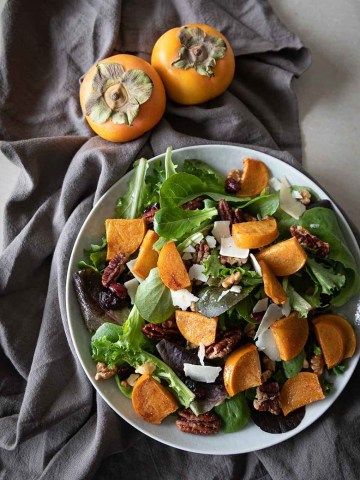 Persimmon Salad, Delicious Salad Recipes, Walnut Dressing, Persimmon Recipes, Shaved Parmesan, Honey Walnut, California Food, Beautiful Salad, Peach Salad