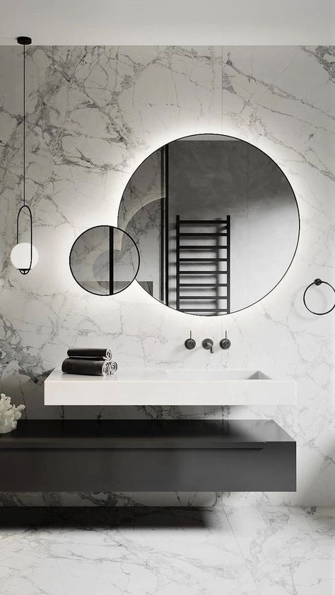 SVAREF High-end modern inspiration reference image of a marble bathroom with big round mirrors Luxury Furniture Sofa Beautiful, High End Bathroom Design, High End Bathroom Design Luxury, Luxury Furniture Showroom, Restroom Remodel, Interior Design Bathroom, Bathroom Marble, Luxury Furniture Sofa, Modern Inspiration