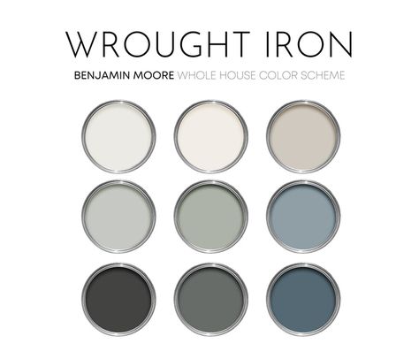 Benjamin Moore – Millie Hart Interiors Wrought Iron Benjamin Moore Color Pallet, Balboa Mist Color Scheme, Benjamin Moore Whole House Color Scheme, Wrought Iron Paint Color, Benjamin Moore Intrigue, Wrought Iron Benjamin Moore, Grey Paint Palette, Iron Ore Sherwin Williams, Neutral Interior Paint Colors