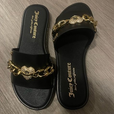 Juicy Couture Sandals/Slides. Cute Slides For Women, Purple Flip Flops, Gold Flip Flops, Pretty Sneakers, Gold Slides, Juicy Couture Shoes, Womens Slides Sandals, T Strap Flats, Pretty Shoes Sneakers