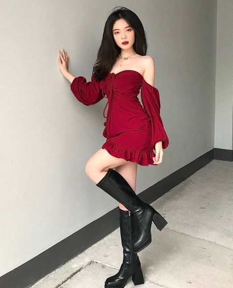 Date Outfits Korean Style, Date Night Outfit Korean, Korean Red Outfit, Korean Red Dress, Red Outfit Korean, Short Dresses Cute, Red Outfits For Women, Red Dress Outfit Night Classy, Dress Date Night Outfit