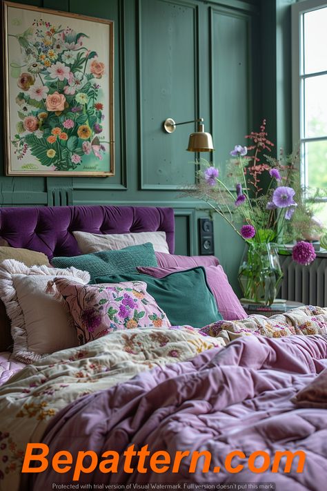 Girly Interior Design, Dark Feminine Room, Purple And Green Bedroom, Girly Interior, Pink Green Bedrooms, Dark Modern Bedroom, Chicago Ideas, Room False Ceiling, Bedroom Girly