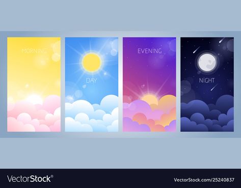 Morning day evening and night sky Royalty Free Vector Image Night Day Painting, Day To Night Illustration, Day To Night Painting, Day And Night Illustration, Good Morning Painting, Night Sky Vector, Evening Illustration, Evening Drawing, Night Sky Illustration