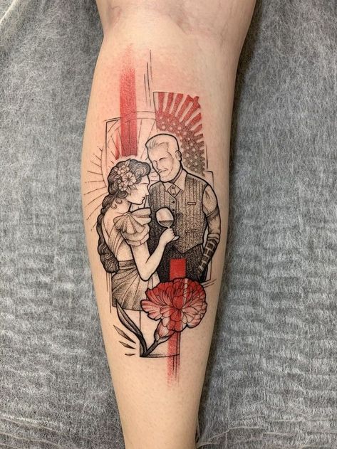 Hadestown Tattoo Ideas, Pomegranate Tattoo Hades And Persephone, Hadestown Hades, Hadestown Tattoo, Theatre Tattoos, Hades And Persephone Tattoo, Red Black Tattoo, Myth Tattoo, Persephone Tattoo