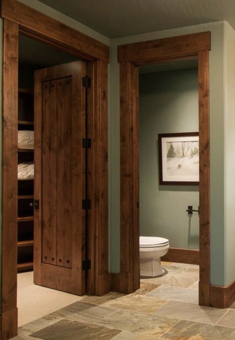 Dark Stain Trim Interior, Stained Wooden Doors Interior, Wood Trim Door Frame, Wood Doors With Wood Trim, Old Wood Doors Interior, Rustic Farmhouse Doors Interior, Rustic Wood Trim Ideas, Cool Bedroom Door Ideas, Old Wood House Interior