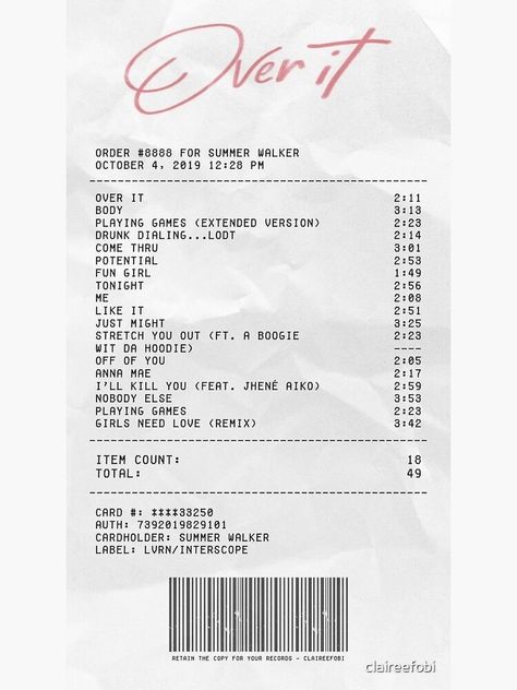 Music Reciepts, Over It Summer Walker, Summer Walker Poster, Summer Walker Wallpaper, Music Receipts, Receipt Sticker, Album Receipts, Future And Drake, Album Receipt