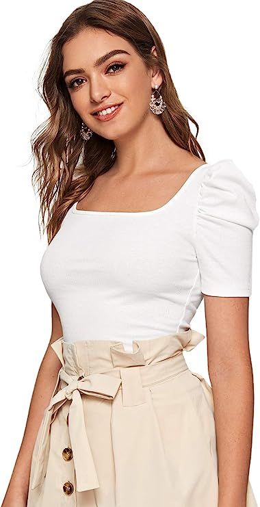 WDIRARA Women's Puff Sleeve Square Neck Short Sleeve Elegant Tee Top Light White M at Amazon Women’s Clothing store Tshirt Outfit, Slim Fit Top, Loose Fitting Tops, Outfit Women, Ladies Of London, Knit Tees, Womens Bodysuit, Workout Tops, Womens Tees