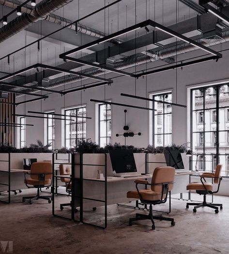 Spanish Office, Industrial Workstation, Industrial Office Design, Cozy Interior Design, Modern Office Space, Modern Office Interiors, Modern Office Design, Luxury Business, Office Lighting