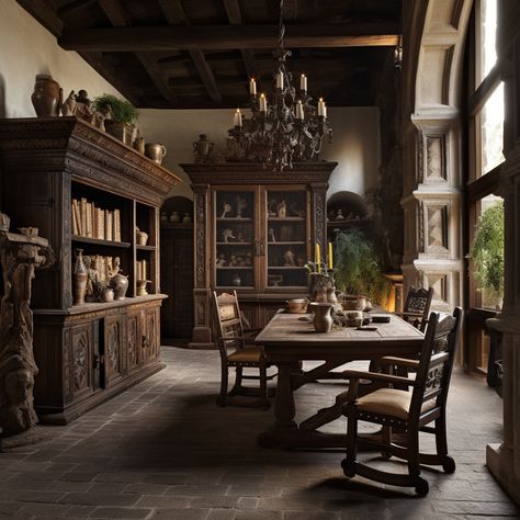 Castle Furniture Interiors, Rustic Mediterranean Interior Design, Medieval Interior Design, Herb Room, Mediterranean Interior Design Style, Dark Medieval, Study Interior, Brown Interiors, Interior Reference