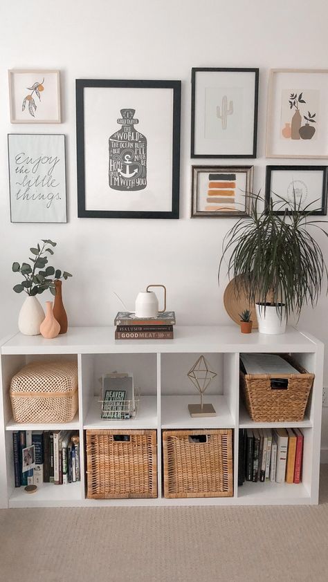 Small Apartment Decorating Storage, Kallax Shelf Decor, Cube Storage Styling, Office Decor Bookshelf, 3 Cube Shelf Decor, Cube Organizer Entryway, Cube Dresser Ideas Bedroom, Boho Cube Storage Living Room, Gallery Wall Above Cube Storage