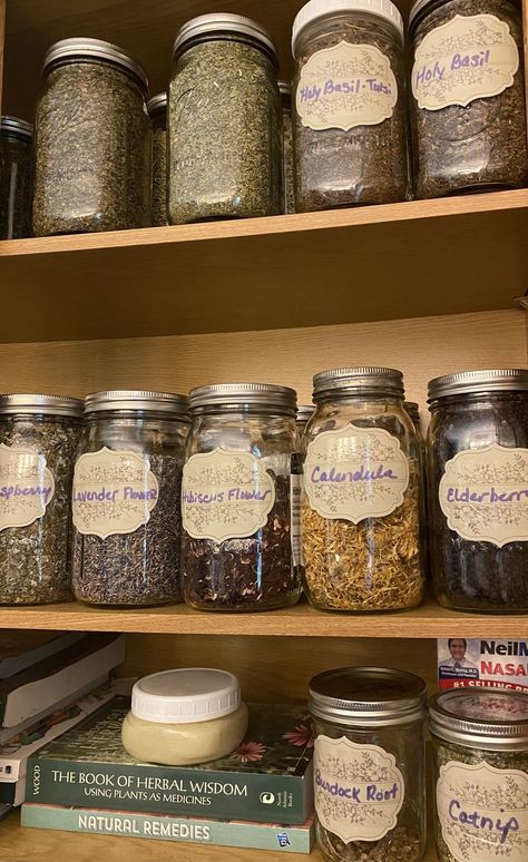 Some of the plant medicine in my apothecary. I mainly use essential oils for my family's healing needs, but have been getting more adept at herbal remedies, as well. Learning herbalism in a christian way is very dear to my heart. Herbs In Jars, Plant Medicine, Acrylic Nail Set, Medicinal Herbs, Medicinal Plants, Herbal Remedies, Apothecary, Mason Jar, Natural Remedies