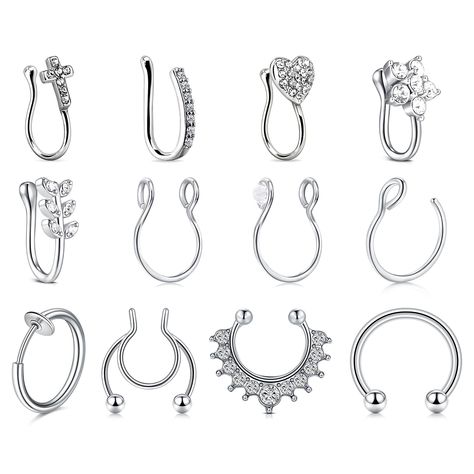 PRICES MAY VARY. Package including -- One order includes 12pcs silver fake septum fake nose rings in different styles, affordable Set, more choices for everyday wear Material -- High Qaulity Surgical Stainless Steel Size -- These Fake nose rings septum for women are clip on style, you can adjustable the size as you need, convenient for daliy using (especial for people without nose piercing hole) Using -- Can be used as fake nose rings, fake nose ring hoop, nose cuff, nose cuff non piercing, fake Diy Fake Nose Ring, Fake Piercings Nose, Fake Nose Piercing, Nose Ring Jewelry, Septum Nose Rings, Fake Nose Rings, Fake Nose, Nose Piercing Jewelry, Fake Piercing