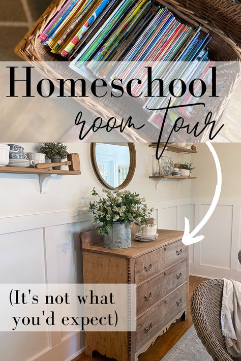 Simple Homeschool Room, Minimalist Homeschool, Pine And Prospect Home, Pine And Prospect, Homeschool Room Decor, Homeschool Materials, Homeschool Room Design, Homeschool Room Organization, Room Bookshelf