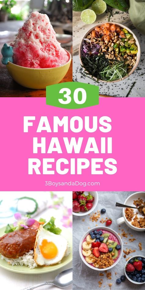 These Famous Hawaii Foods include shave ice, sushi, acai bowls, manapua, Haupia pie, and are rich in fresh fruit and seafood. #famoushawaiianfoods #eatlikeahawaiian #3boysandadog Hawaii Foods, Haupia Pie, Chicken Sushi, Hawaiian Recipes, American Foods, Hawaiian Dishes, Budget Family Meals, Acai Bowls, State Foods