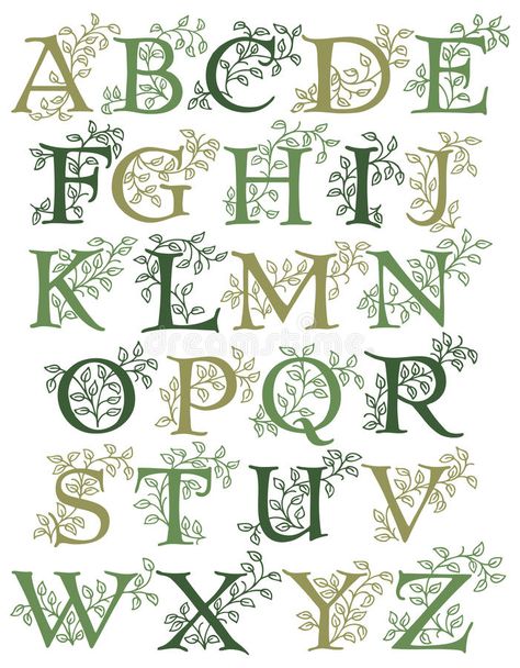 Botanical Alphabet/eps. Hand-drawn alphabet with leafy green vines entwined with capital letters...suitable for drop caps or monograms royalty free illustration Wedding Invitations Illustration, Vine Letters, Leaf Font, Botanical Alphabet, Hand Lettering Alphabet Fonts, Vine Drawing, Vine Font, Green Vines, Hand Lettering Inspiration