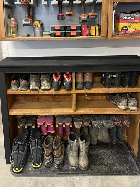 How to Build a DIY Boot Rack » Tree Farm Design Co. Muck Boot Storage Entryway, Diy Boot Storage, Boot Storage Entryway, Diy Boot Rack, Shoe Rack Mudroom, Farmhouse Shoe Rack, Diy Shoe Rack Ideas, Industrial Shoe Rack, Small Shoe Rack