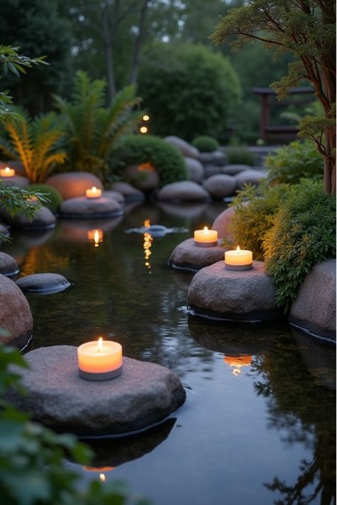 Zen backyard with illuminated koi pond, floating candles, and rock lights Serene Backyard, Backyard Lighting Ideas, Backyard Lighting, Diy Backyard Landscaping, Backyard Landscaping Ideas, Solar Powered Lights, Pathway Lighting, Stylish Lighting, Perfect Plants