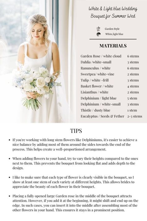 Bouquet Recipe - Garden-style Spring Hand-tied Wedding Bouquet Bouquet Recipe Wedding, How To Bridal Bouquet, Hand Tied Wedding Bouquet, Bouquet Sizes Chart, Types Of Flowers For Bouquet, Light Blue Wedding Bouquet, White Light Blue Wedding, Farming Knowledge, Wedding Bouquet Recipe