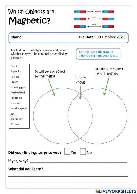What objects are magnetic? worksheet Magnets Worksheet, Magnetic And Non Magnetic Worksheet, Magnet Worksheet, Magnet Lessons, Elementary Geography, Magnet Drawing, Geography Worksheets, Worksheets For Grade 3, English Story