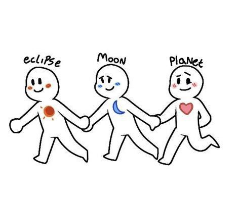 Moon And Sun Ship Dynamic, Sun Moon Star Eclipse Friends, Three Best Friends Drawing Reference, Star Sun Eclipse Moon Friend Dynamic, Group Of Three Poses Drawing, Sun And Moon Relationship Dynamic, Throuple Ship Dynamics, Sun And Moon Dynamic, Friendship Dynamics Duo