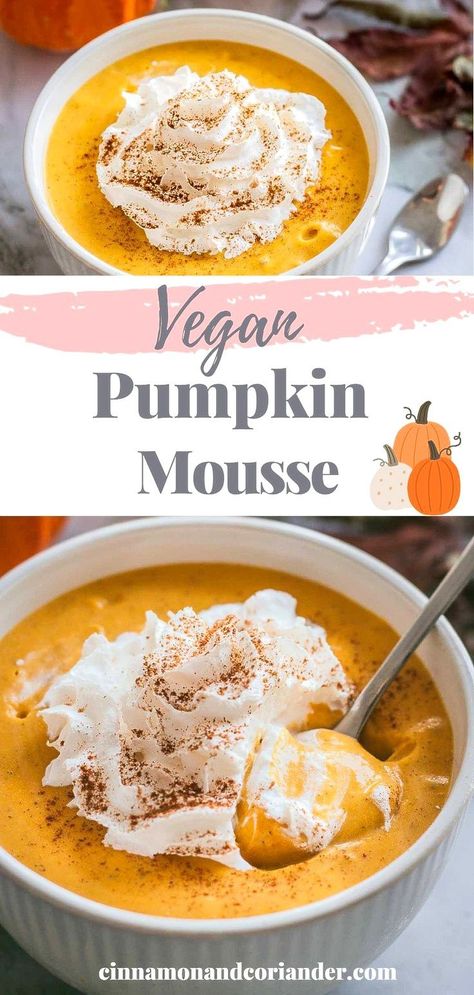 The best recipe for easy vegan pumpkin mousse without gelatine or tofu. A healthy dessert perfect for the holidays. Quick & simple! Vegan Pumpkin Mousse, Healthy Pumpkin Dessert, Caramel Pears, Pumpkin Mousse, Chicken Biryani Recipe, Pumpkin Pudding, Raw Vegan Desserts, Homemade Pumpkin Puree, Healthy Vegan Desserts