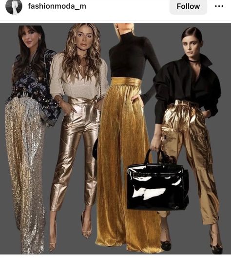 Metallic Pants Outfit, Ny Outfits, Stylish Outfits For Women Over 50, Gold Pants, Color Combinations For Clothes, Outfit Party, Glam Outfit, Ibiza Fashion, Trendy Street Style