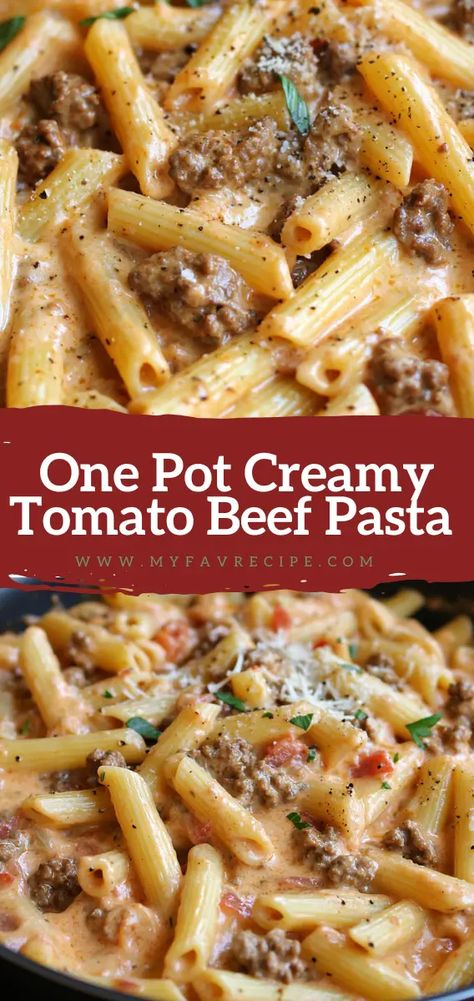 Discover this delicious one pot creamy tomato beef pasta recipe that combines tender meat, rich tomato sauce, and al dente pasta. Ready in just 30 minutes for a perfect weeknight dinner Tomato Cream Sauce Pasta Ground Beef, Easy Meals With Tomatoes, Ground Beef Sauce Pasta, One Pot Ground Beef Pasta Recipes, One Pot Mediterranean Beef Marinara, Ground Beef Tomato Paste Recipes, Hamburger And Tomato Sauce Recipes, Alfredo And Tomato Sauce Pasta, Ground Beef And Tomato Sauce Recipes