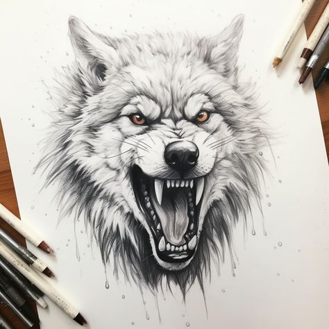 Aggressive Wolf Tattoo, Wolf Growling Tattoo, Wolf Tattoo Stencil Design, Growling Wolf Tattoo, Wolf Face Tattoo Design, Wolf Design Tattoo, Angry Wolf Drawing, Angry Wolf Tattoo Design, Realistic Wolf Tattoo Design