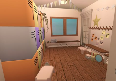 School Gym Bloxburg, Bloxburg Gymnastics Gym, Bloxburg School Gym Ideas, Bloxburg Gym Layout, Bloxburg Home Gym, Bloxburg Dance Studio, Gym Bloxburg, Bloxburg Gym Ideas, Bloxburg Classroom