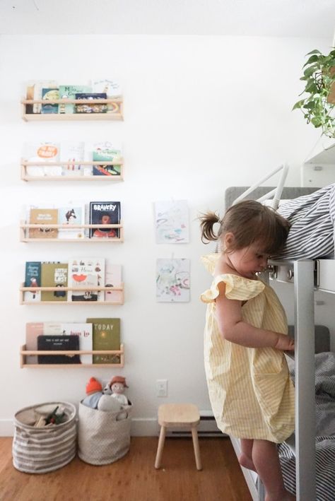 Shared Kid's Room Update: Both Kids in the Wall Bunk Beds   #smallspaces #smallspaceliving #bunkbeds #sharedbedroom #kidsroom #wallbunkbeds Wall Bunk Beds, Ikea Spice Racks As Book Shelves, Spice Rack Bookshelves, Kids Room Shared, Wall Bookshelves Kids, Ikea Spice Rack, Kids Rooms Shared, Small Kids Room, Shared Kids Room