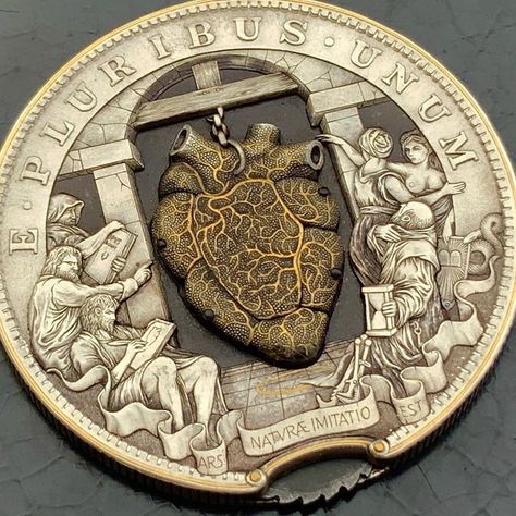 Hand-Engraved Hobo Nickel Coin Features a Mechanical Beating Heart Coin Crafts, Heart Coin, Engraving Ideas, Custom Coins, Hobo Nickel, Mint Coins, Coin Art, Coin Design, Kinetic Art