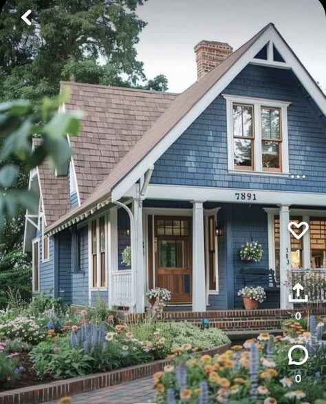 Blue White Brown House Exterior, Blue And White Exterior House, Dusty Blue House Exterior, Houses From Outside, 80s Home Exterior, Dream Home Outside, Home Exterior Paint Ideas, Blue Paint Ideas, Colorful House Exterior