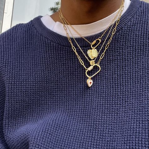 ★ STACKEDBYISAIAH ★ Heart Charm Necklace Gold, Chain Necklace Stack, Charm Necklace Carabiner, Aesthetic Necklace Stack, Multiple Necklaces Aesthetic, Gold And Silver Necklace Stack, Chunky Gold Necklace Stack, Charm Bead Necklace, Bold Fashion Aesthetic