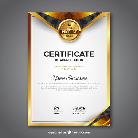 Certificate template with golden color Free Vector Award Certificate Design, Certificate Design Inspiration, Awards Certificates Design, Certificate Layout, Green Certificate, Blank Certificate Template, Certificate Border, Certificate Of Completion Template, Blank Certificate