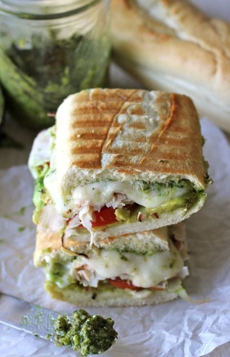 Pesto, Avocado, and Mozzarella Panini. Turkey Pesto Panini, Avocado Panini, Pesto Panini, Turkey Pesto, Leftover Thanksgiving, Thanksgiving Turkey Leftovers, Sandwich Wraps, Soup And Sandwich, Yummy Eats