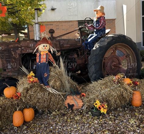 Halloween Tractor Decoration, Tractor Decor, Fall Yard Decor, Fall Yard, Harvest Market, Harvest Fest, Tractor Idea, Patch Ideas, 1st Halloween