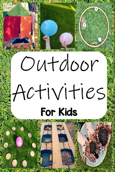 Various outdoor activities for kids are shown including a tent, balloon races, sorting nature and even mud meatballs. Outside Activities For Preschoolers, Outdoor Activities For Preschoolers, Outdoor School Activities, Preschool Outdoor Activities, Minimalist Homeschool, Activities Elementary, Elementary Stem Activities, Outdoor Activities For Toddlers, Recycling Activities