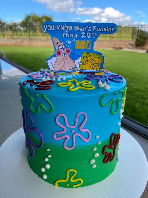 Spongebob 25 Birthday Cake Diy, Spongebob You Know What’s Funnier Cake, What’s Funnier Than 25 Cake, Small Spongebob Cake, Spongebob Whats Funnier Than Cake, Spongebob Cake 25th Birthday, Spongebob Cakes 25, Spongebob 25th Birthday Party Cake, What’s Funnier Cake