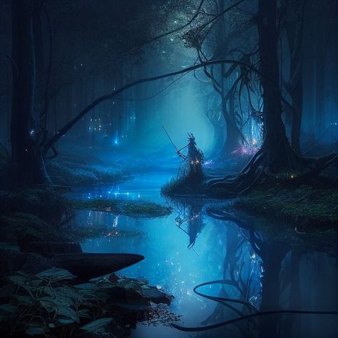 A magical forest swamp covered in fairy blue lights magic Fairy Core Forest, Forest Elf Aesthetic, Deep Gnome, River Aesthetic, Elf Magic, Forest Elf, Location Inspiration, Blue Magic, Mystical Forest