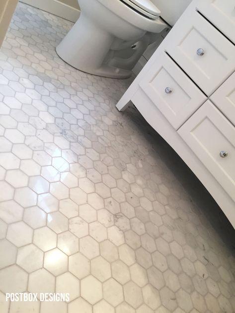 Builder Basic Bathroom Makeover by Postbox Designs: Fixer Upper Style Bath Basic Bathroom, Hexagon Tile Bathroom, Bathroom Cottage, Restroom Remodel, Fixer Upper Bathroom, Floor Marble, Makeover Bathroom, Farmhouse Bathroom Design, Shiplap Bathroom