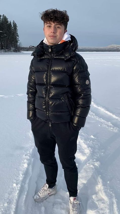 Moncler Maya Outfit, Chav Style, Mens Poses, Puffer Jacket Outfit Men, Moncler Maya, Bubble Jacket Men, Brown Hair Boy, Drip Fits, Puffer Jacket Outfit